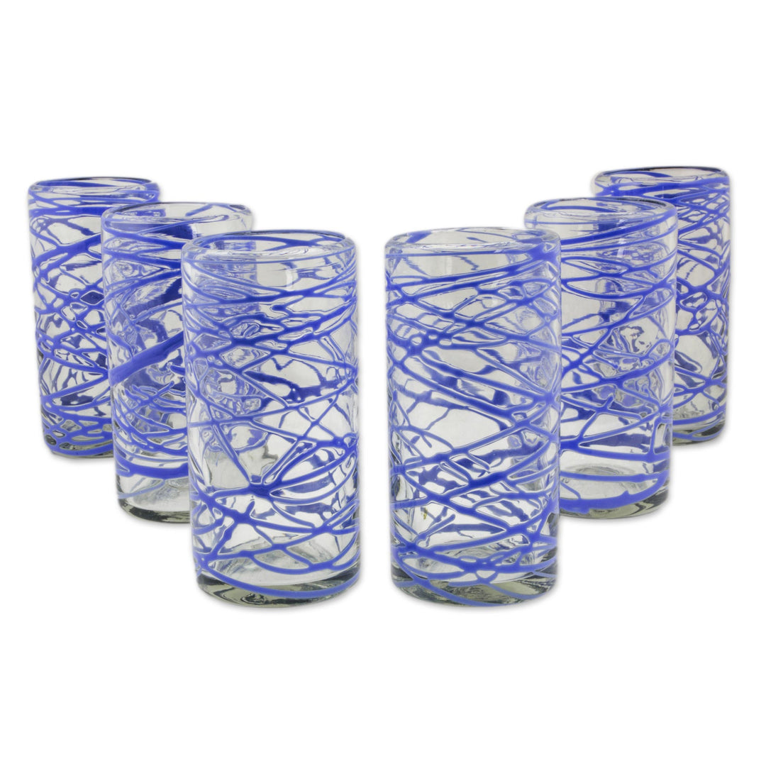 Six Blue Swirl Hand Blown 11 oz High Ball Glasses - Sapphire Web