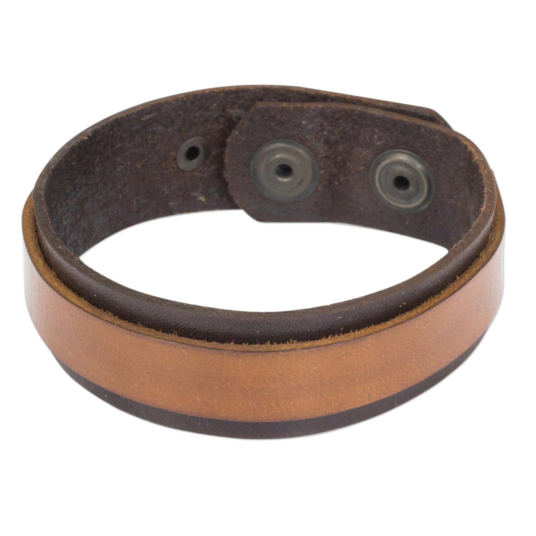 Handmade Two Tone Brown Leather Bracelet with Snaps - Rough and Tumble in Brown