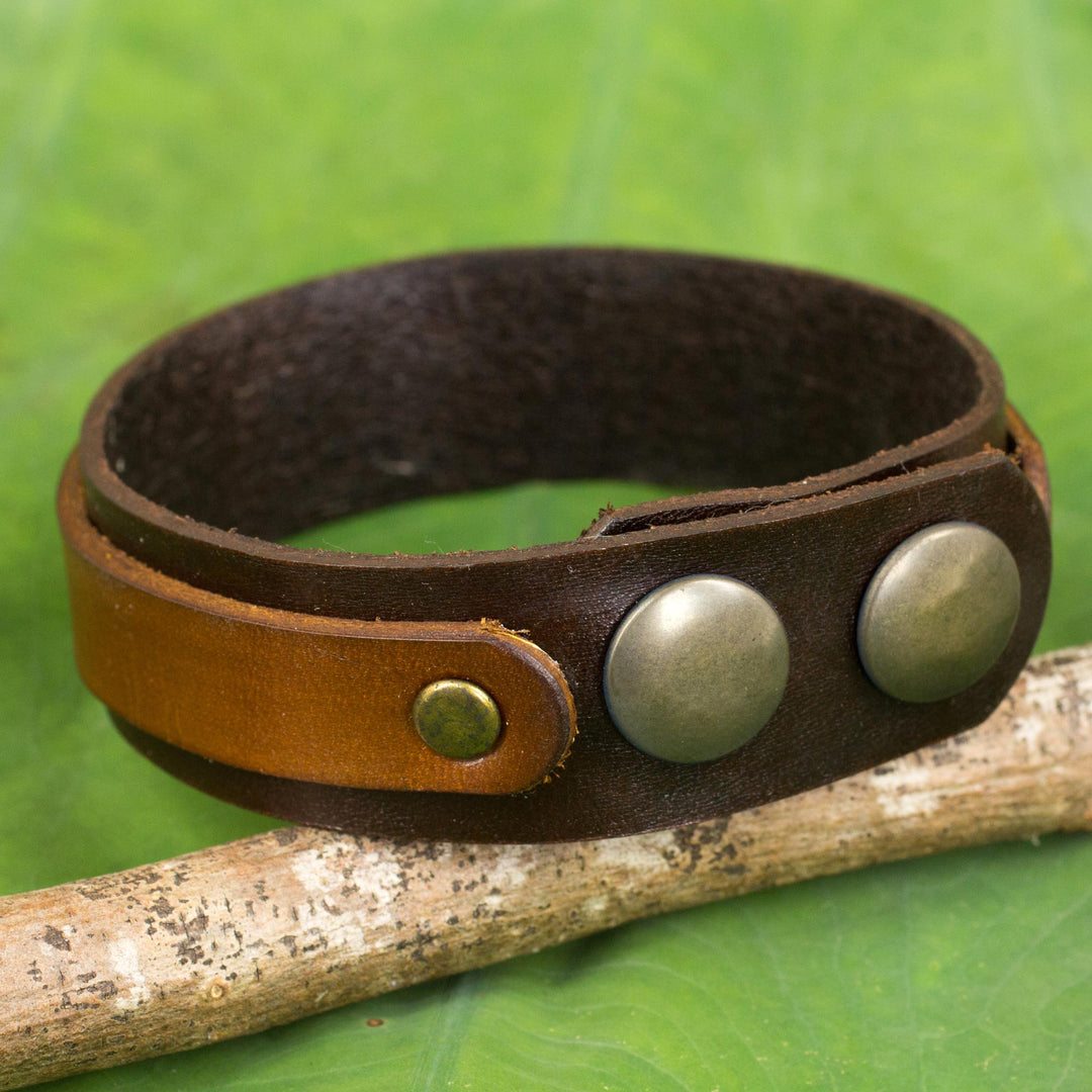 Handmade Two Tone Brown Leather Bracelet with Snaps - Rough and Tumble in Brown
