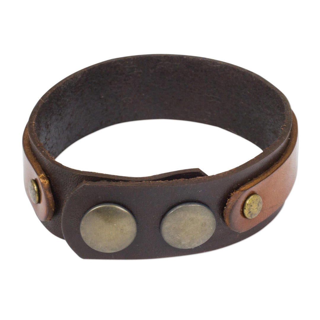 Handmade Two Tone Brown Leather Bracelet with Snaps - Rough and Tumble in Brown