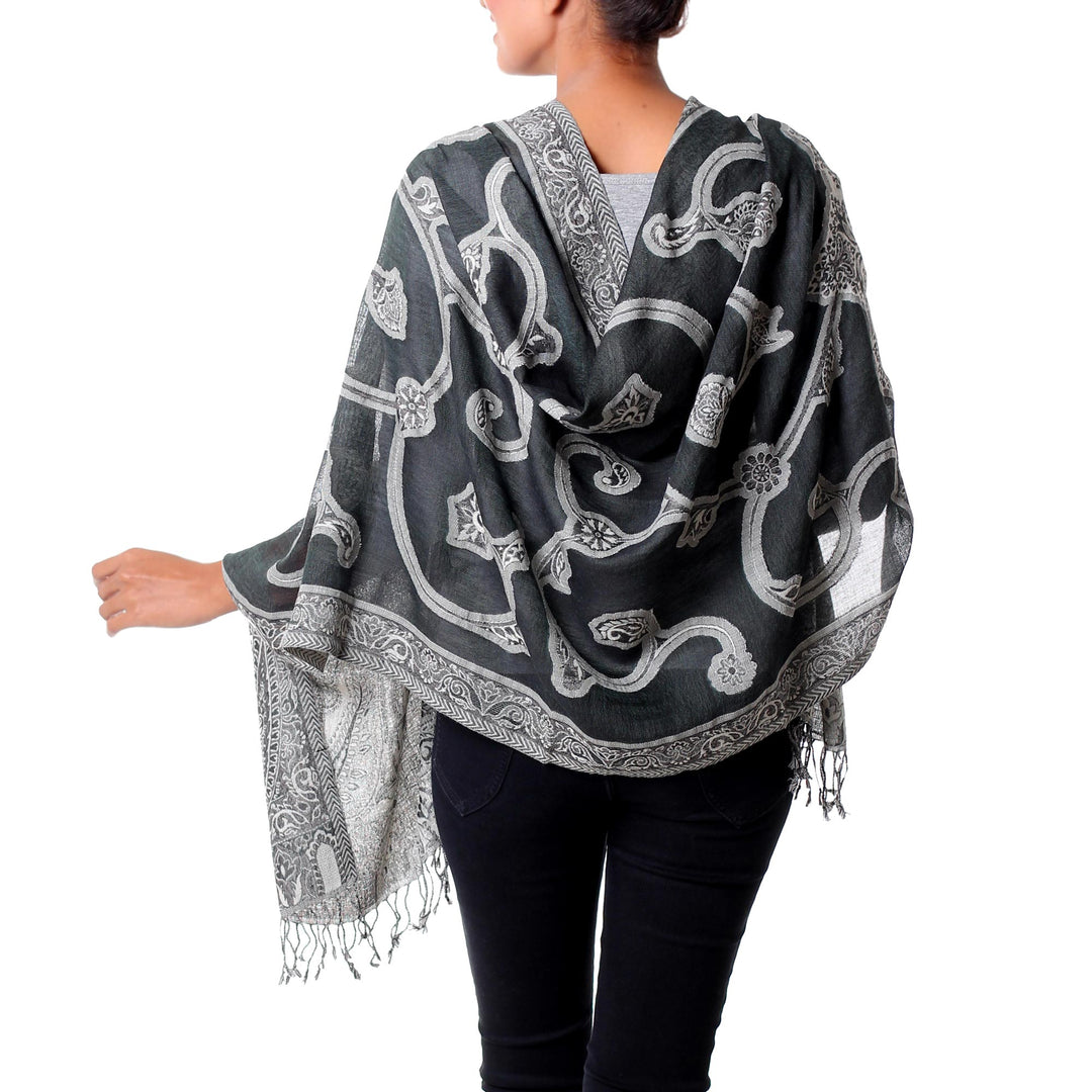 Indian Jamawar Style Wool Shawl in Green and Black - Mughal Garden
