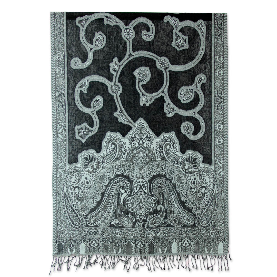 Indian Jamawar Style Wool Shawl in Green and Black - Mughal Garden