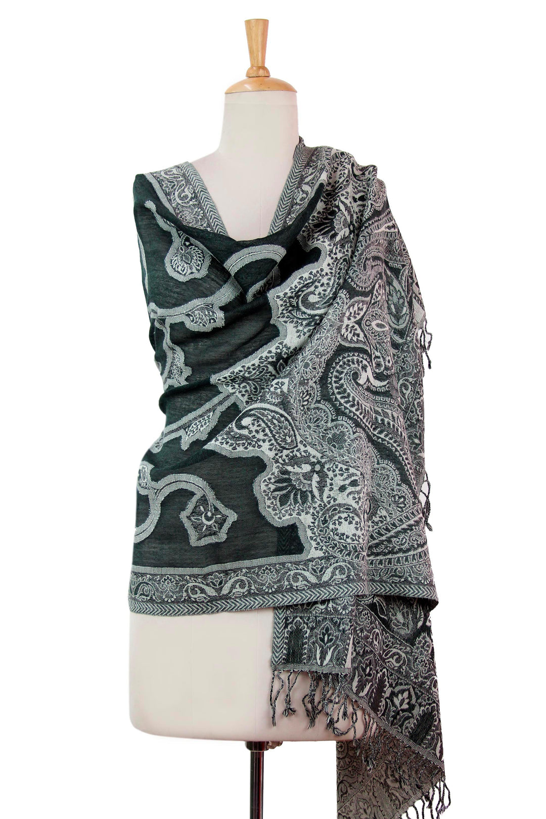 Indian Jamawar Style Wool Shawl in Green and Black - Mughal Garden