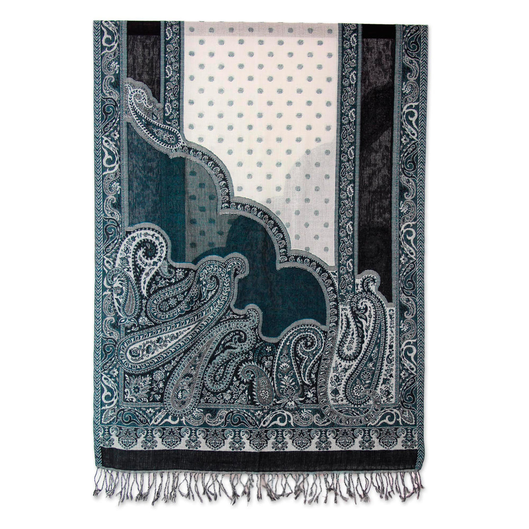 Indian Wool Paisley Jamawar Style Shawl with Subtle Teal - Teal Whisper