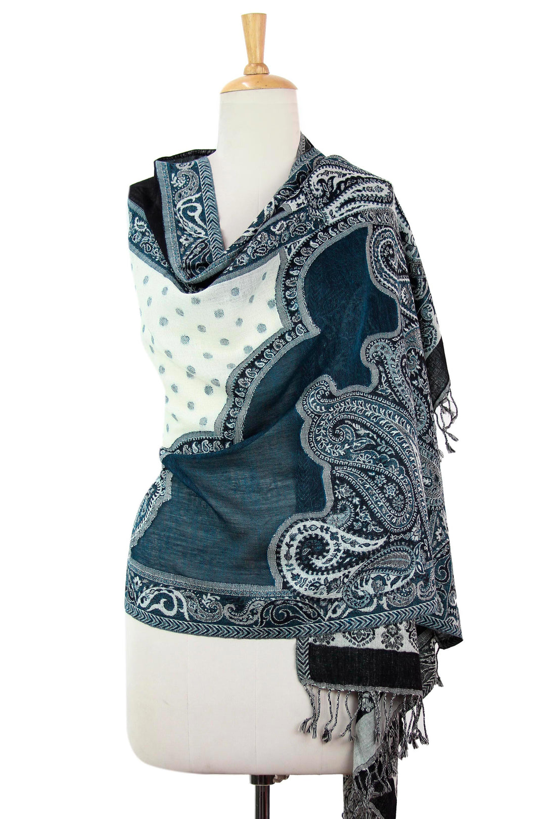 Indian Wool Paisley Jamawar Style Shawl with Subtle Teal - Teal Whisper