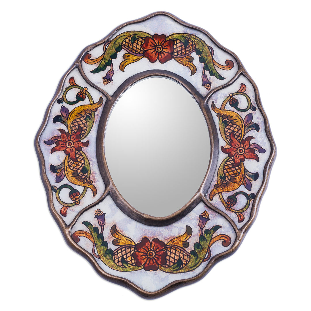 Aged White Reverse Painted Glass Wall Mirror from Peru - White Colonial Wreath