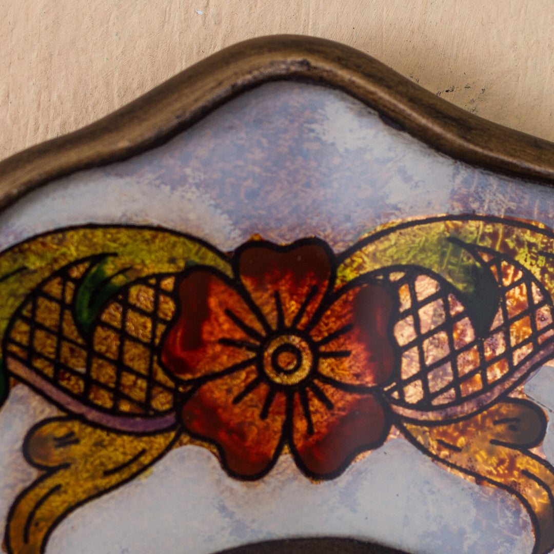 Aged White Reverse Painted Glass Wall Mirror from Peru - White Colonial Wreath