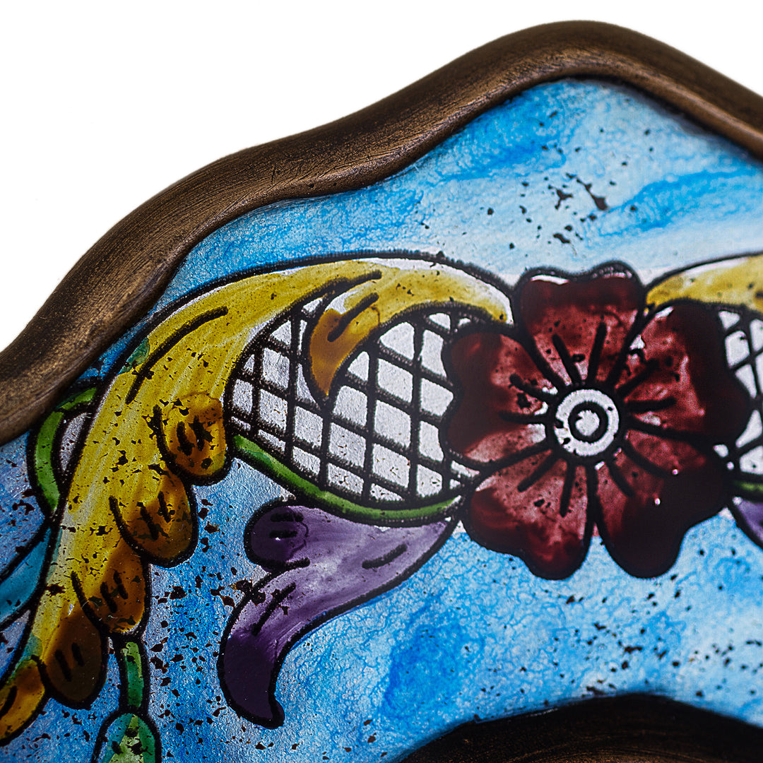 Fair Trade Reverse Painted Glass Wall Mirror in Aged Blue - Blue Colonial Wreath