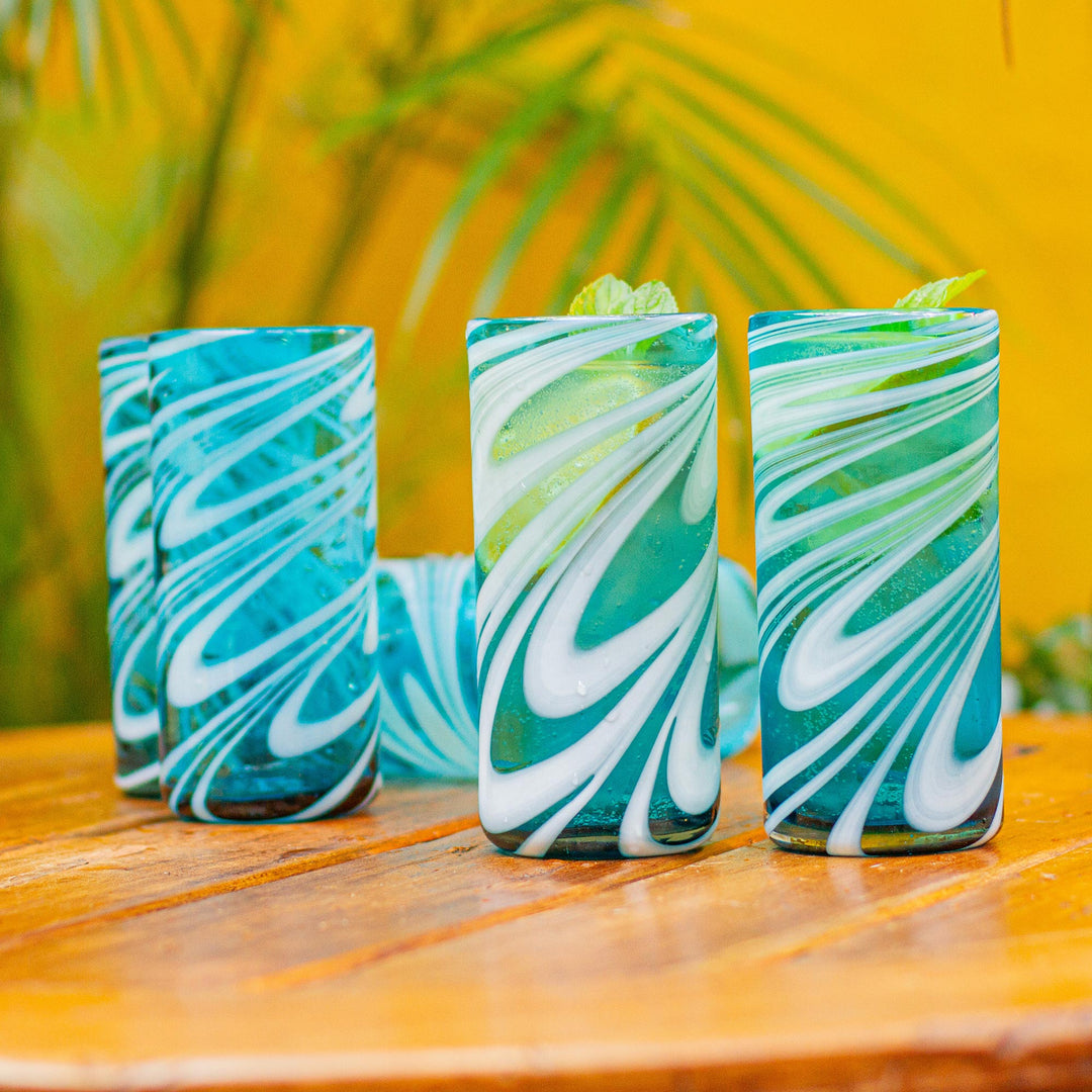 6 Hand Blown 13 oz Aqua-White Highball Glasses from Mexico - Whirling Aquamarine