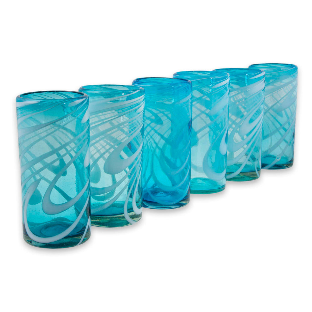 6 Hand Blown 13 oz Aqua-White Highball Glasses from Mexico - Whirling Aquamarine
