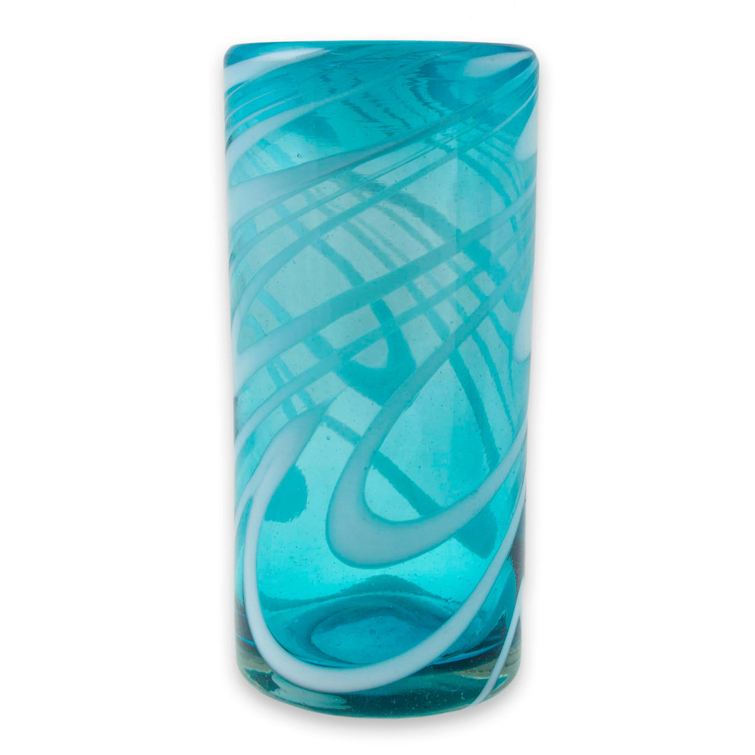 6 Hand Blown 13 oz Aqua-White Highball Glasses from Mexico - Whirling Aquamarine