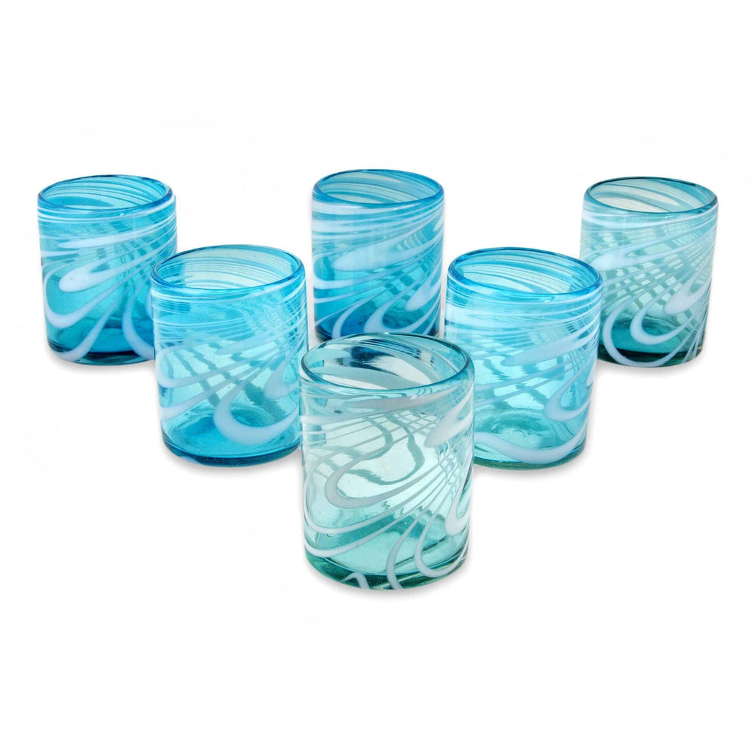 6 Mexican Hand Blown 11 oz Rock Glasses in Aqua and White - Whirling Aquamarine
