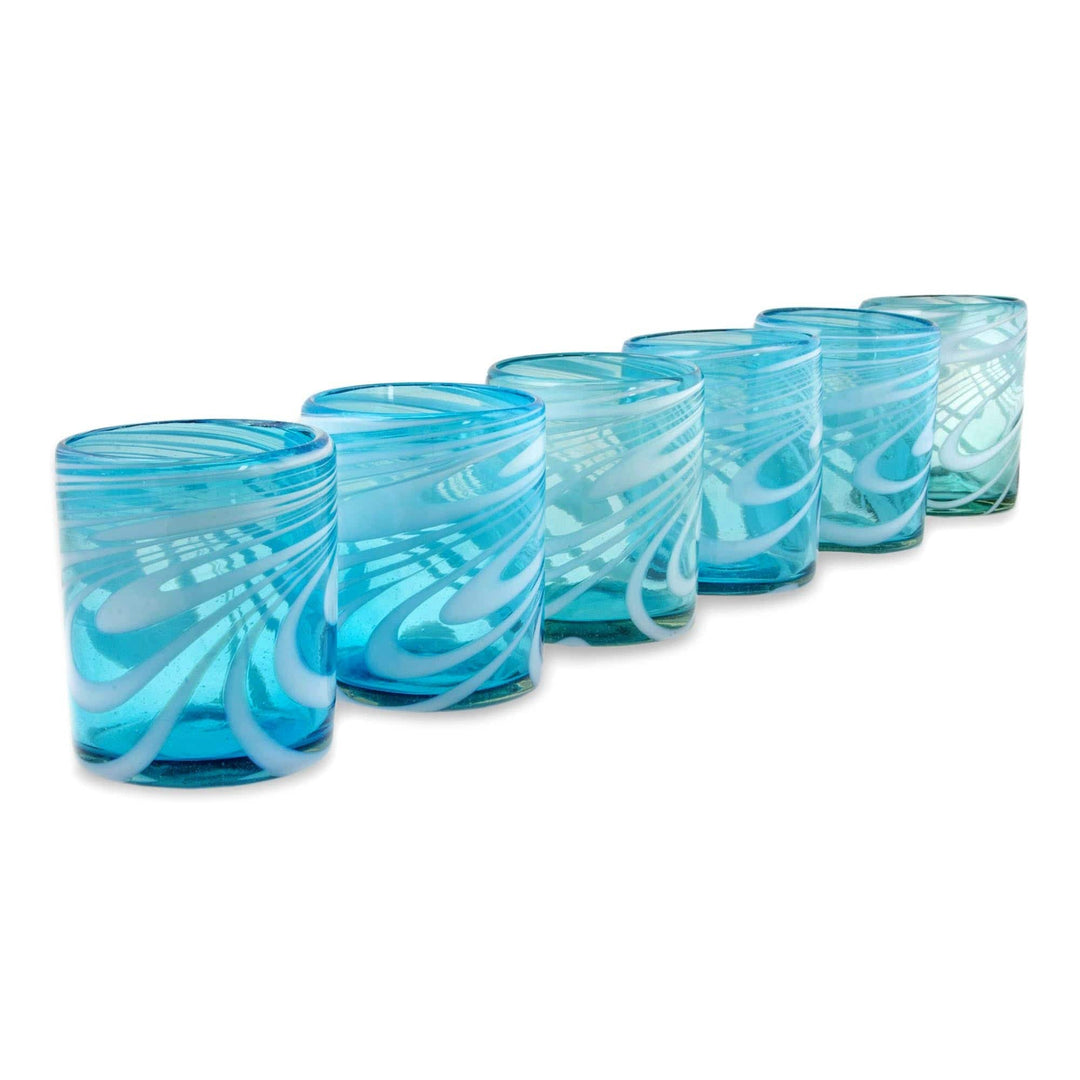 6 Mexican Hand Blown 11 oz Rock Glasses in Aqua and White - Whirling Aquamarine
