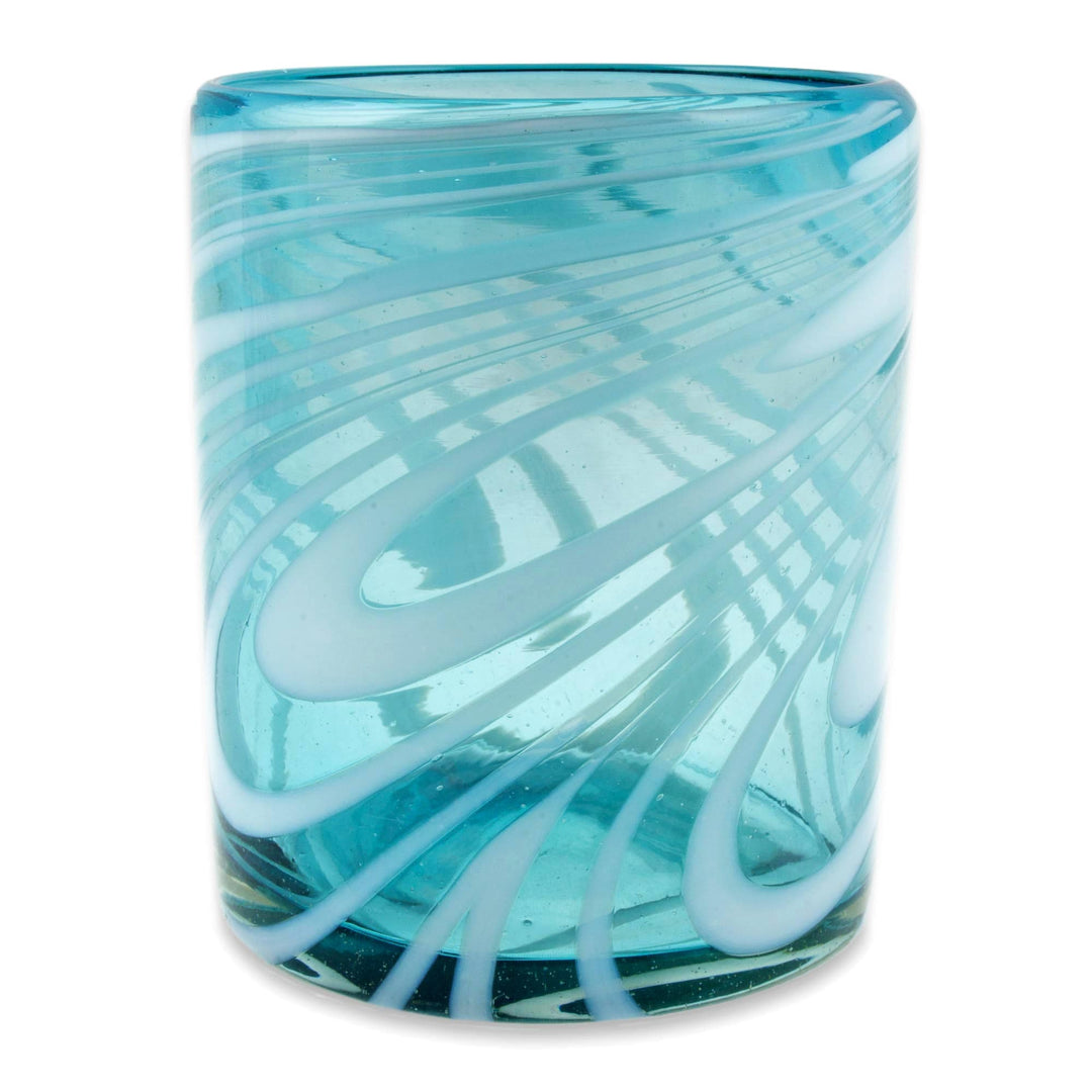 6 Mexican Hand Blown 11 oz Rock Glasses in Aqua and White - Whirling Aquamarine