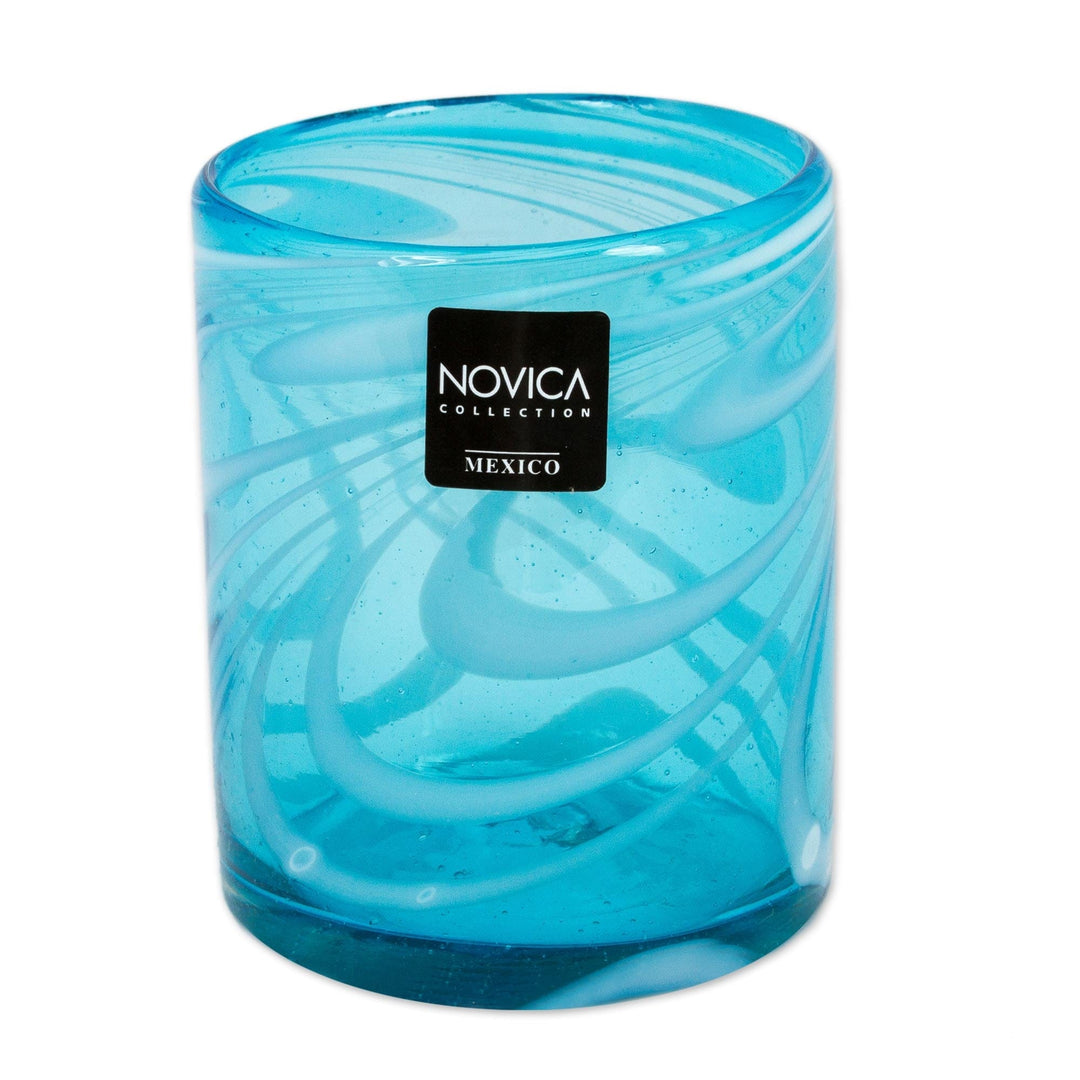 6 Mexican Hand Blown 11 oz Rock Glasses in Aqua and White - Whirling Aquamarine
