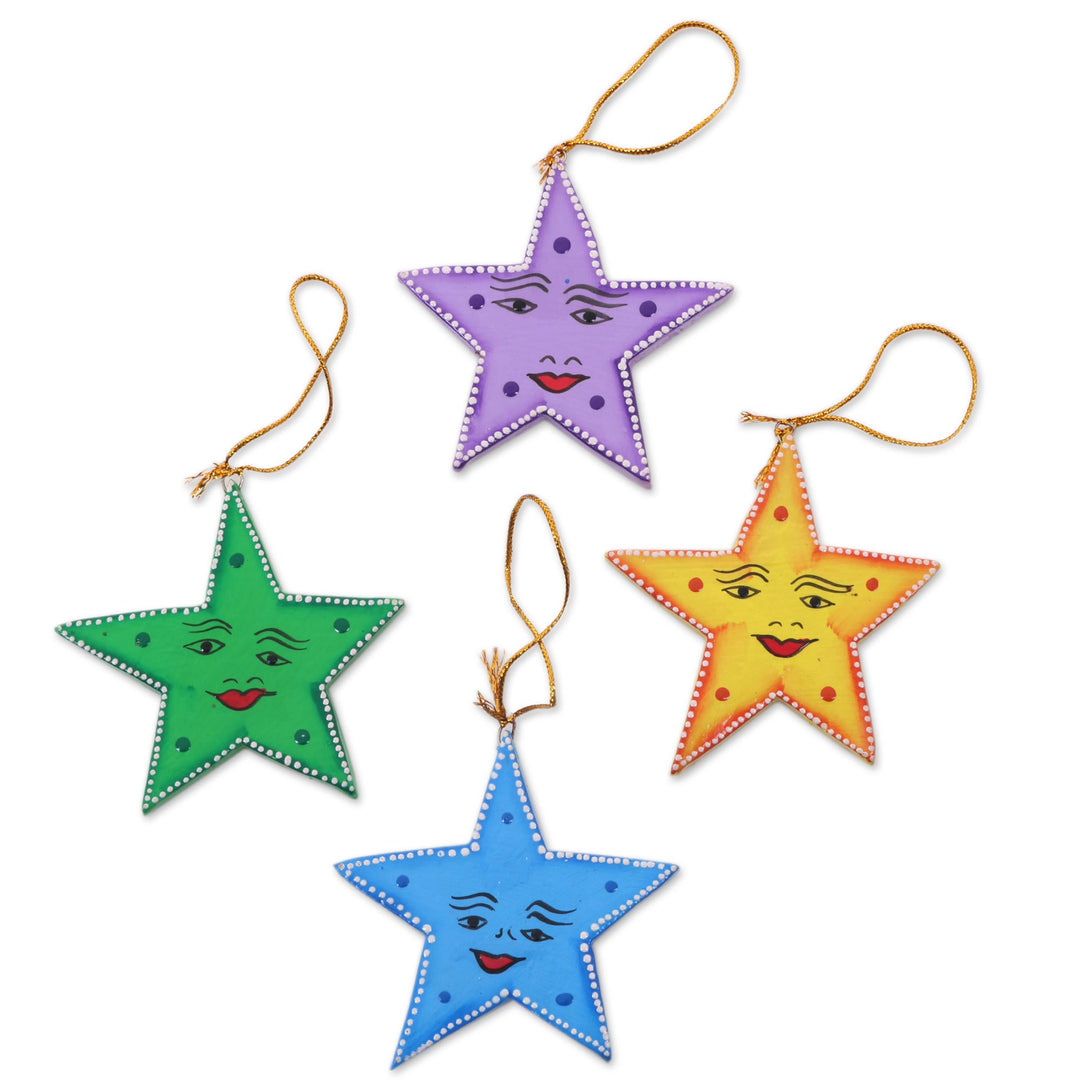 Star Shaped Wood Holiday Ornaments Made by Hand (Set of 4) - Star Friends