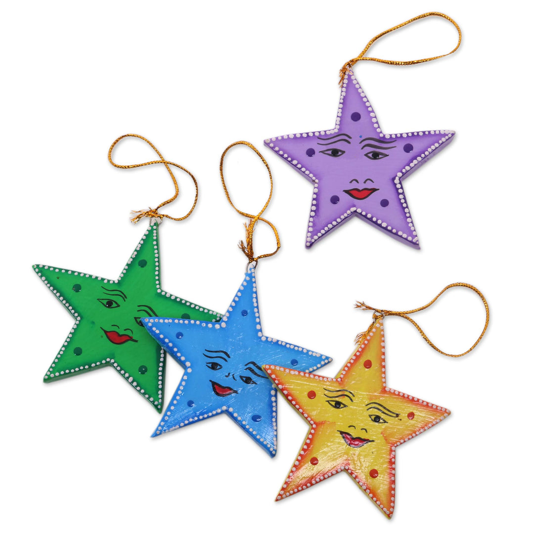 Star Shaped Wood Holiday Ornaments Made by Hand (Set of 4) - Star Friends