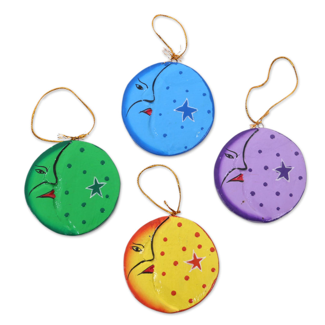 Fair Trade Hand Painted Moon and Star Ornaments (Set of 4) - Moon and Star