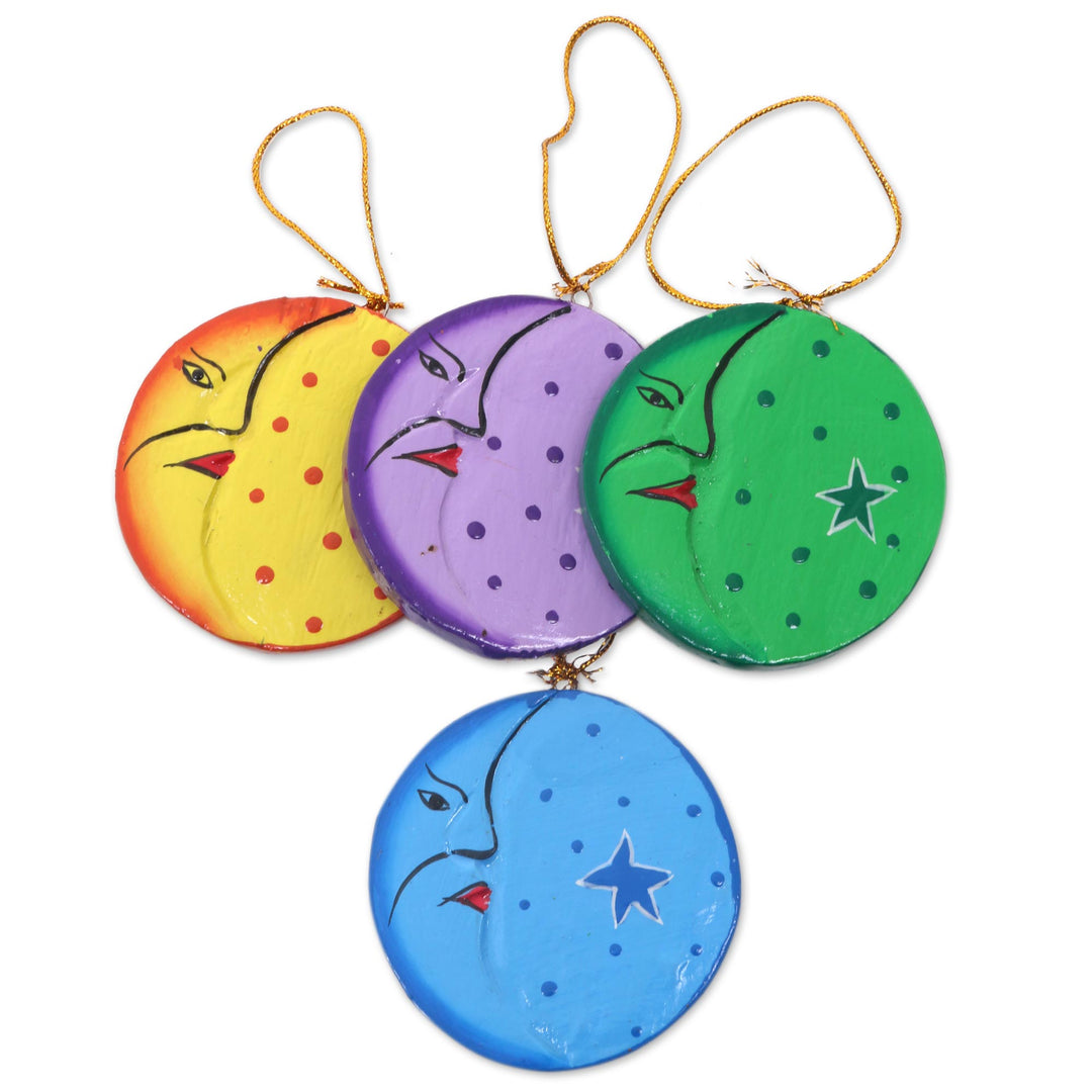 Fair Trade Hand Painted Moon and Star Ornaments (Set of 4) - Moon and Star