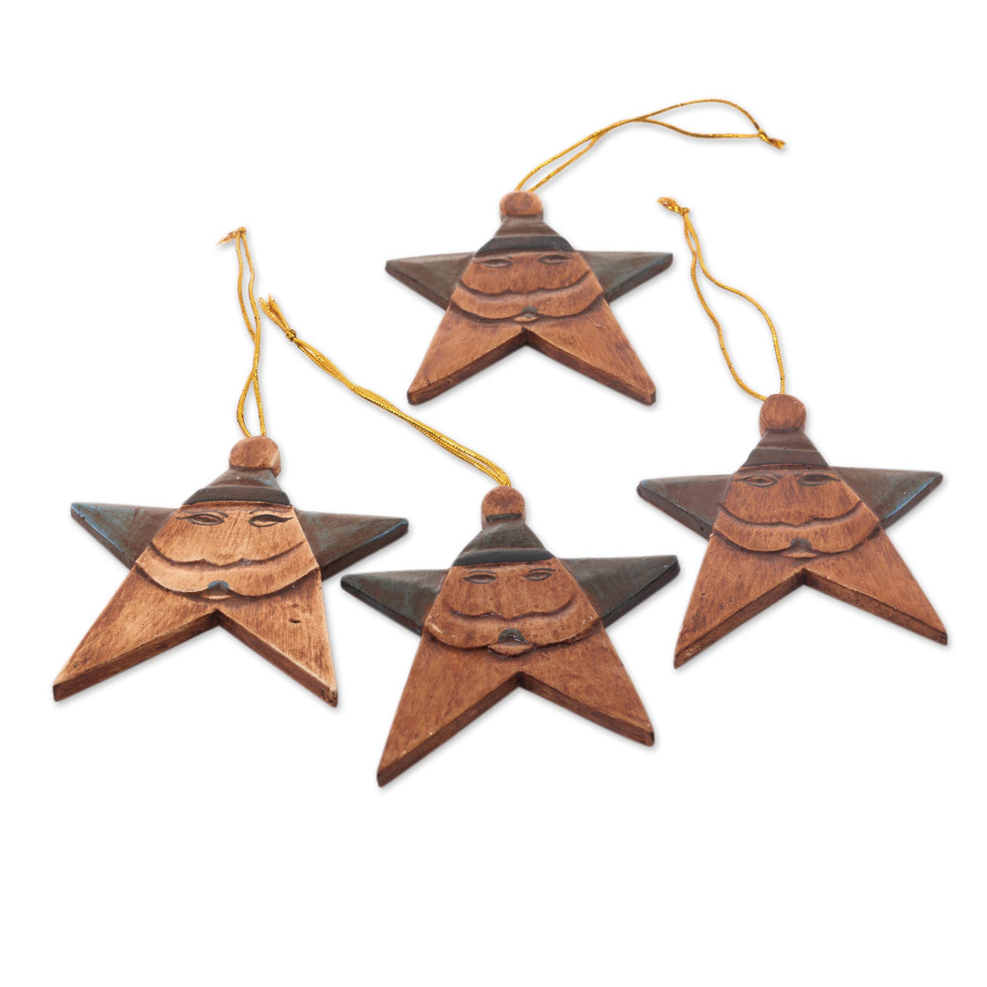 Set of 4 Antiqued Blue Santa Christmas Ornaments from Bali - Vintage Blue Santa