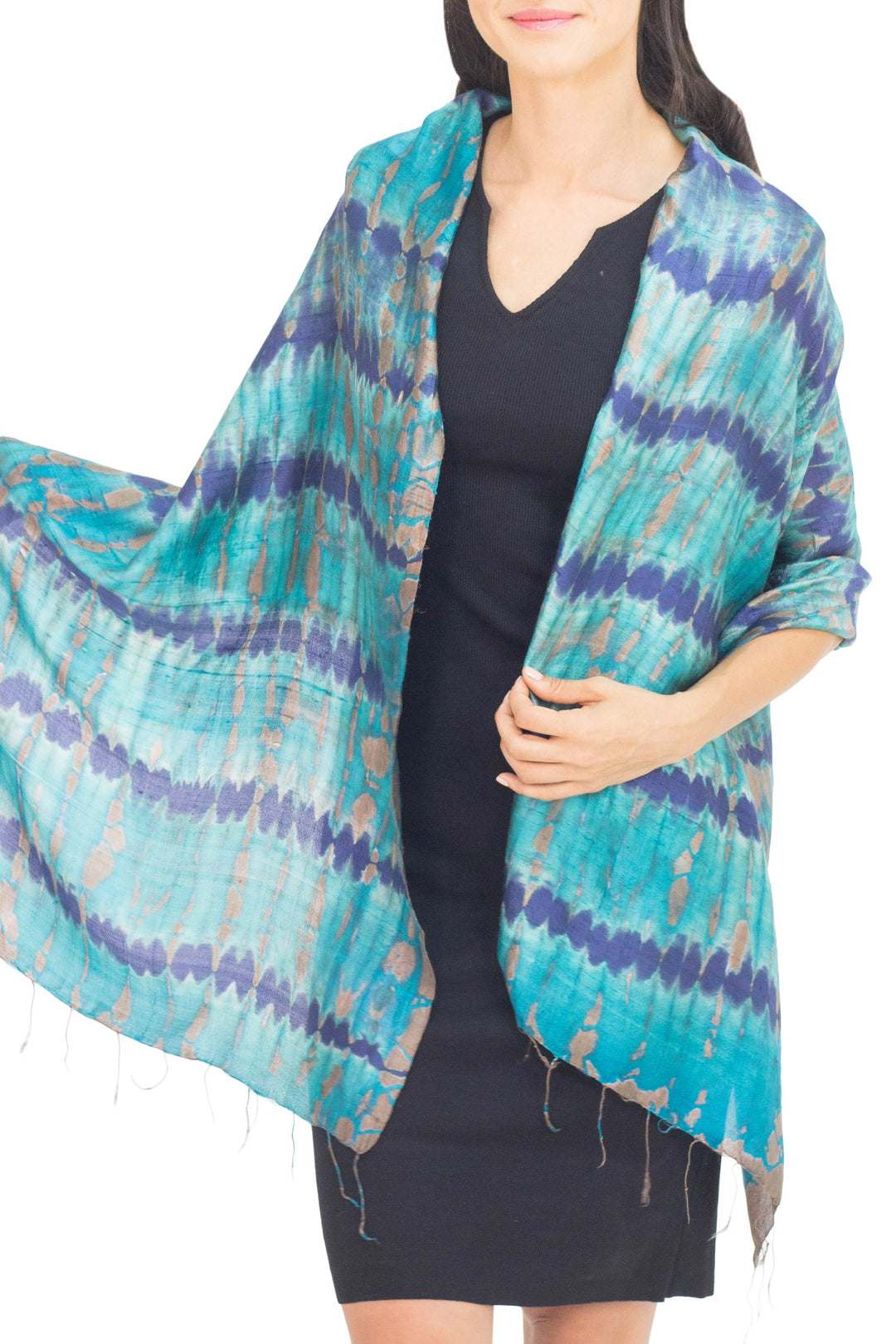 Thai Artisan Crafted Teal and Blue Tie Dyed Silk Shawl - Teal Reflecting Pools