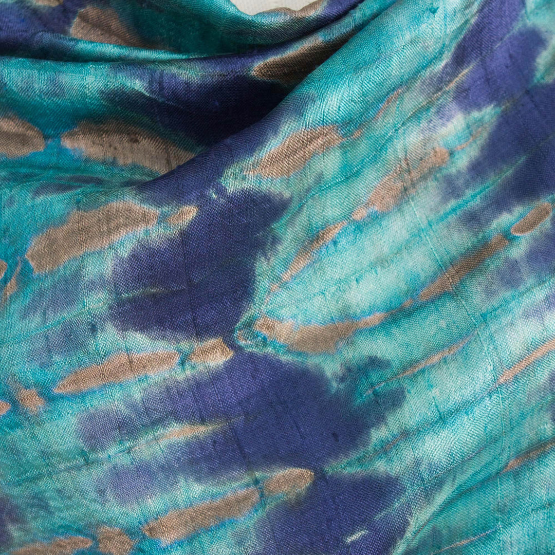 Thai Artisan Crafted Teal and Blue Tie Dyed Silk Shawl - Teal Reflecting Pools