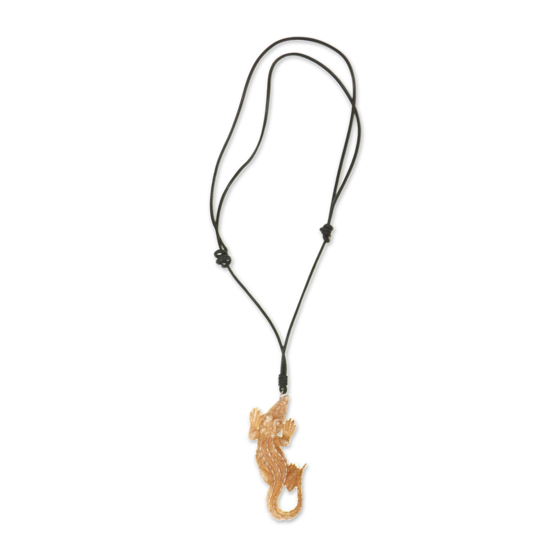 Carved Bone Alligator Pendant Necklace on Leather Cord - Alligator