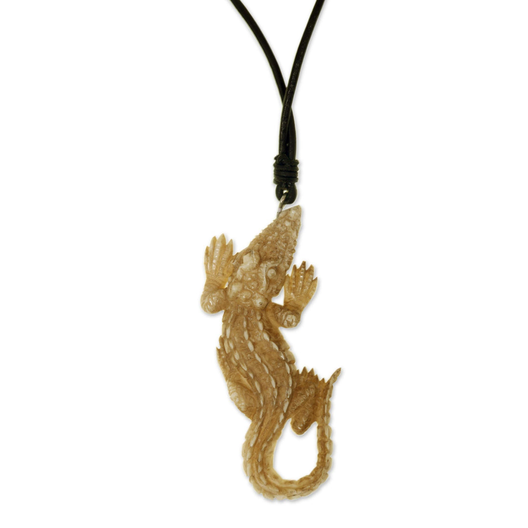 Carved Bone Alligator Pendant Necklace on Leather Cord - Alligator