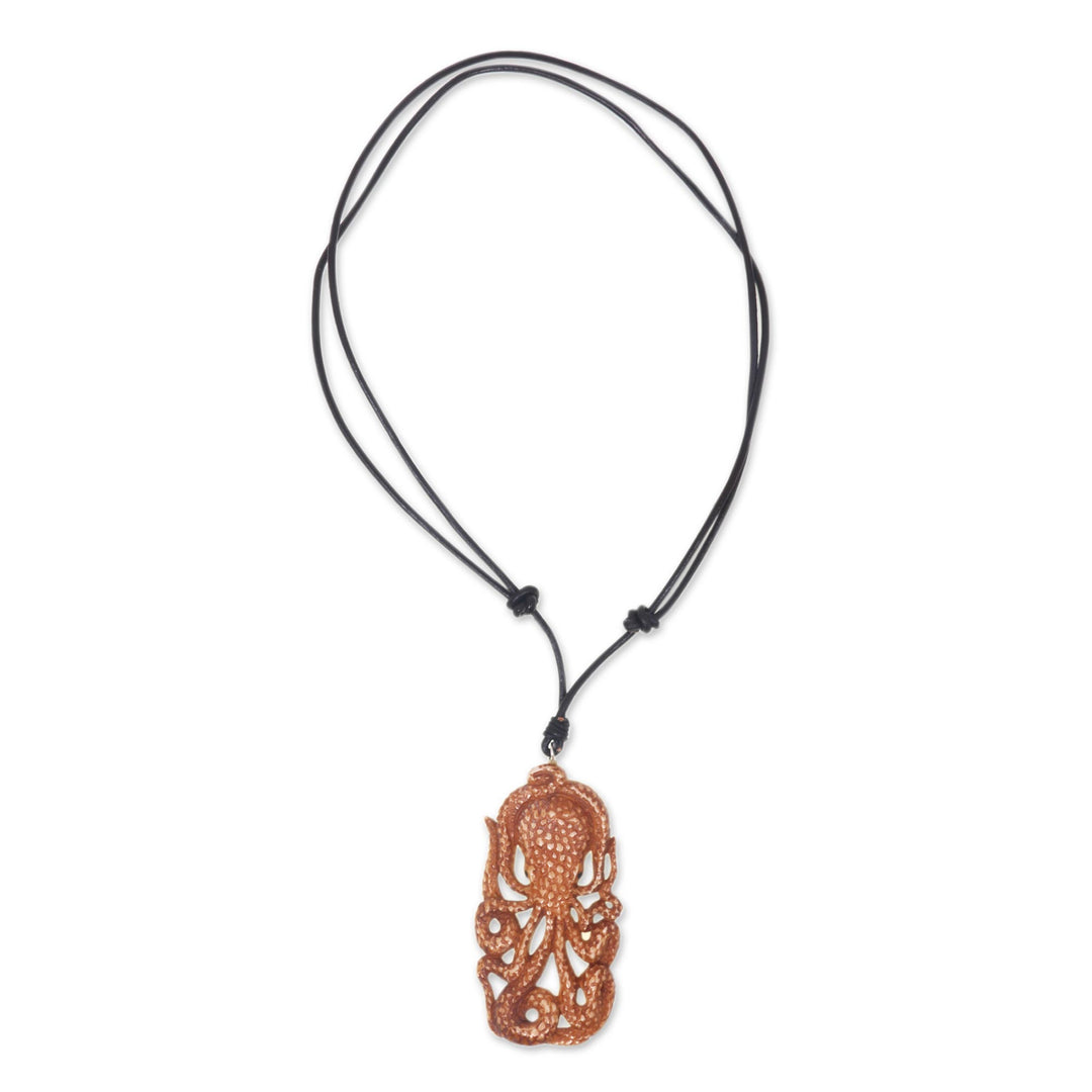Octopus Pendant Necklace Hand Carved of Cow Bone - Bali Octopus