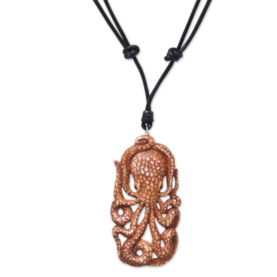 Octopus Pendant Necklace Hand Carved of Cow Bone - Bali Octopus