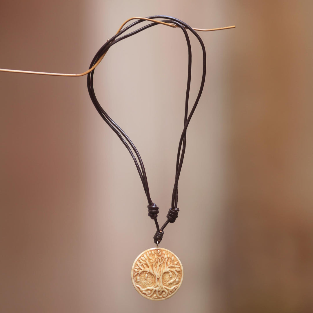 Leather Cord Necklace with Bone Tree of Life Pendant - Sacred Tree