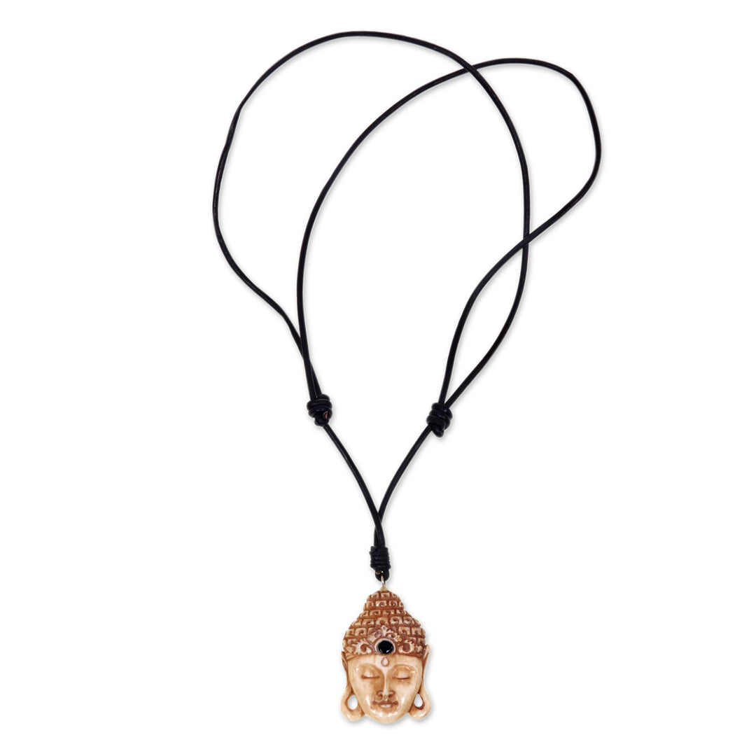 Buddha Pendant Necklace in Carved Bone with Leather Cords - Buddha Head I