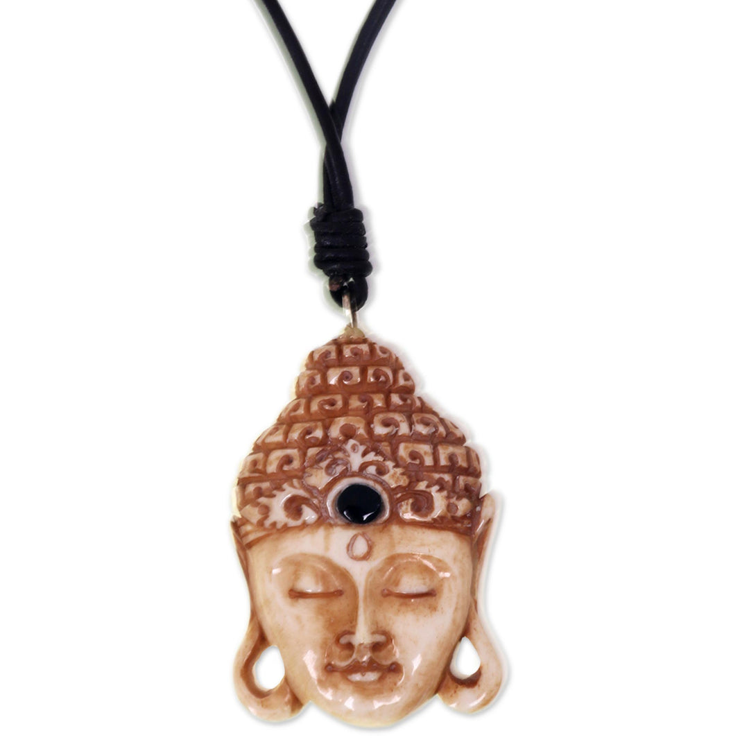 Buddha Pendant Necklace in Carved Bone with Leather Cords - Buddha Head I