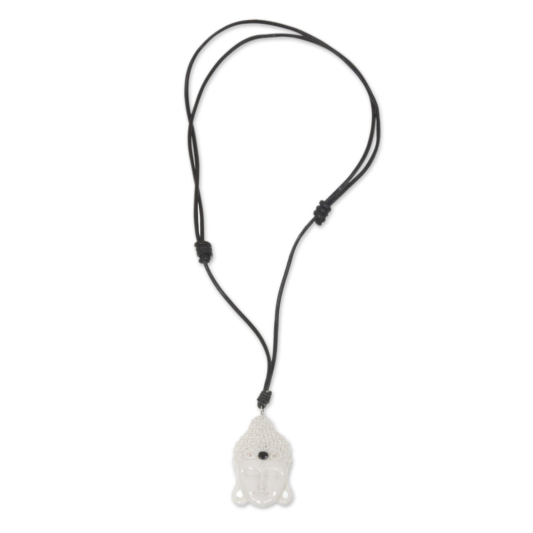 Buddha Head Cow Bone Pendant on Adjustable Leather Cord - White Buddha Head