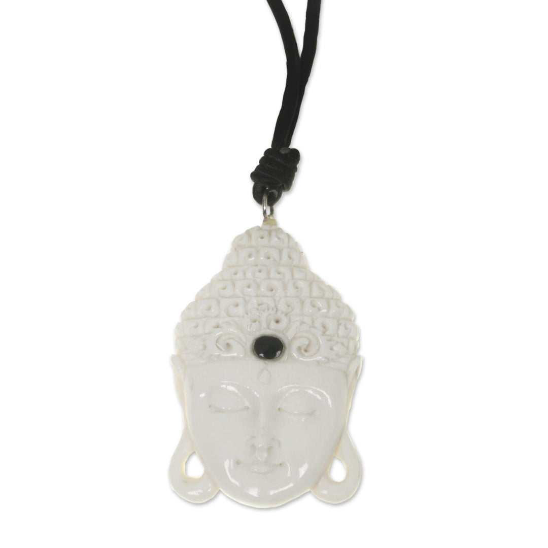 Buddha Head Cow Bone Pendant on Adjustable Leather Cord - White Buddha Head