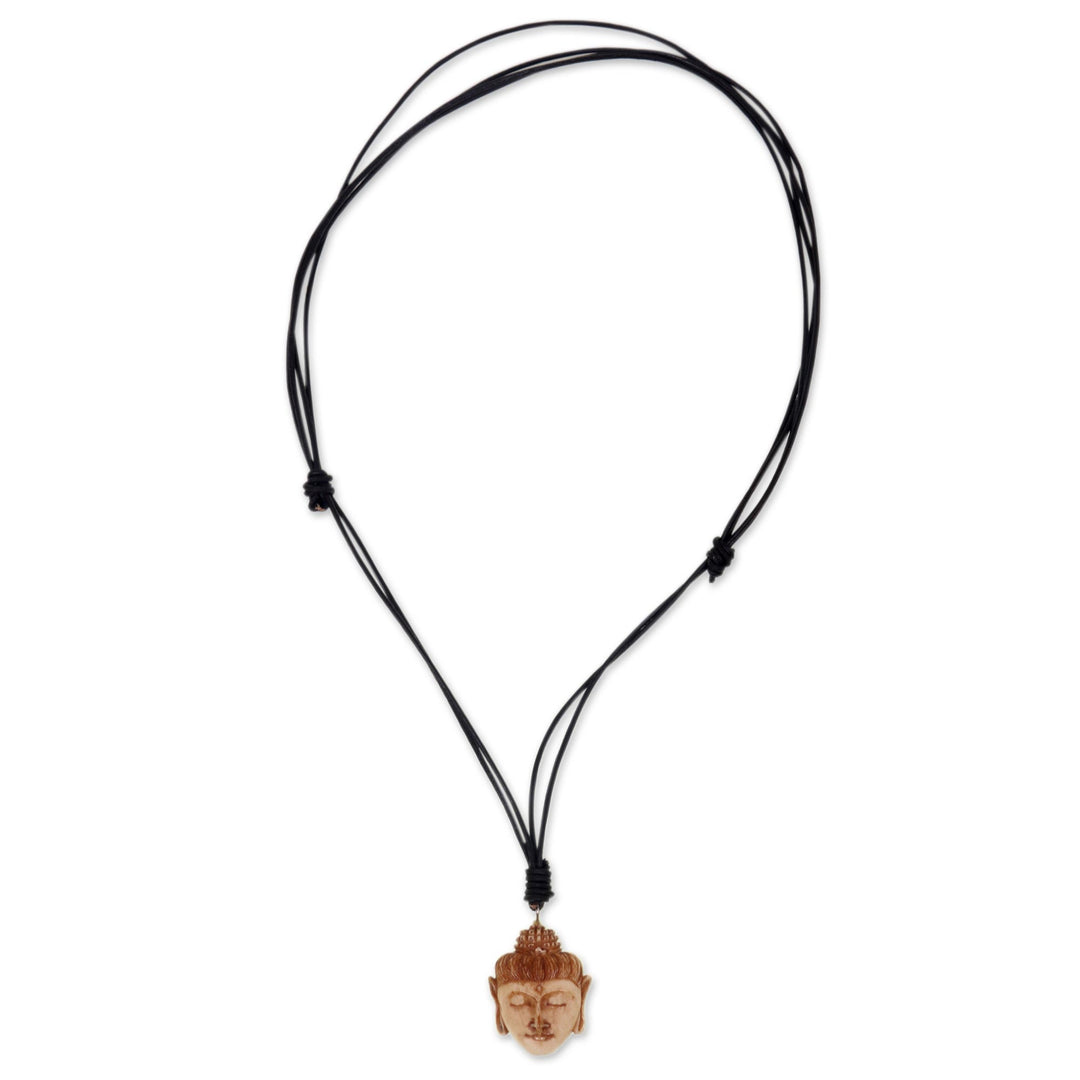 Buddha Head Necklace in Carved Cow Bone and Leather - Buddha Head II