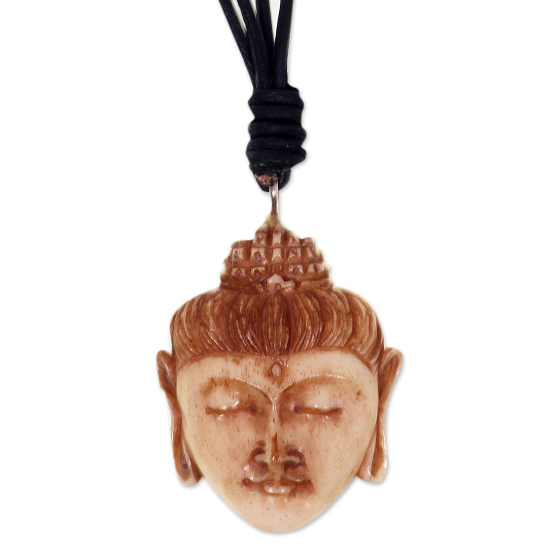 Buddha Head Necklace in Carved Cow Bone and Leather - Buddha Head II