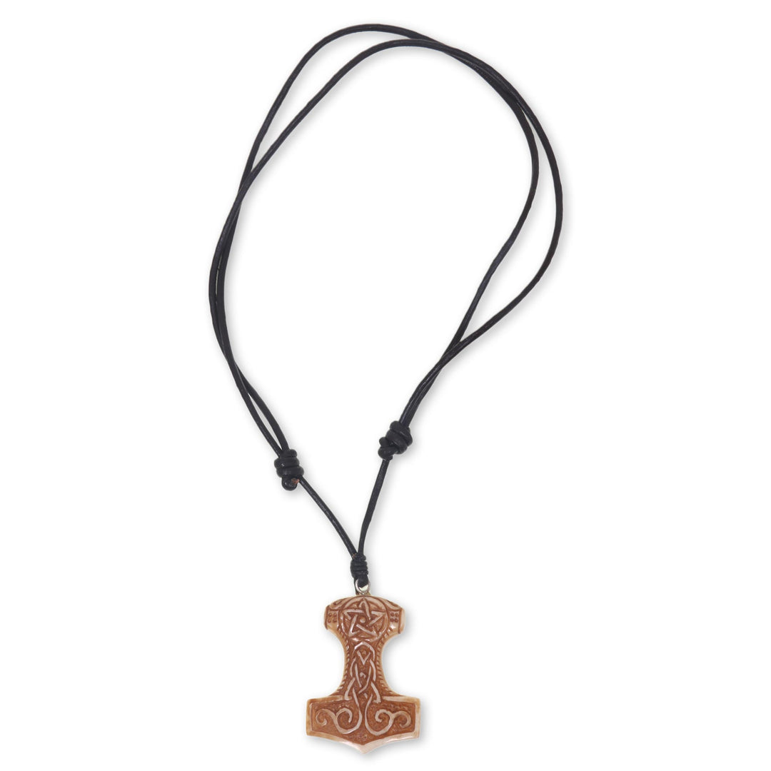 Celtic Design Carved Bone Pendant Necklace on Leather Cord - Star Tower