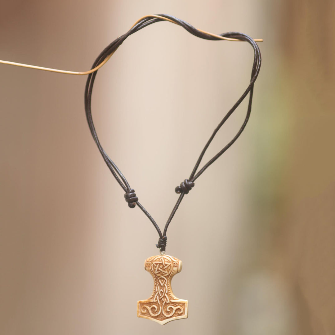 Celtic Design Carved Bone Pendant Necklace on Leather Cord - Star Tower