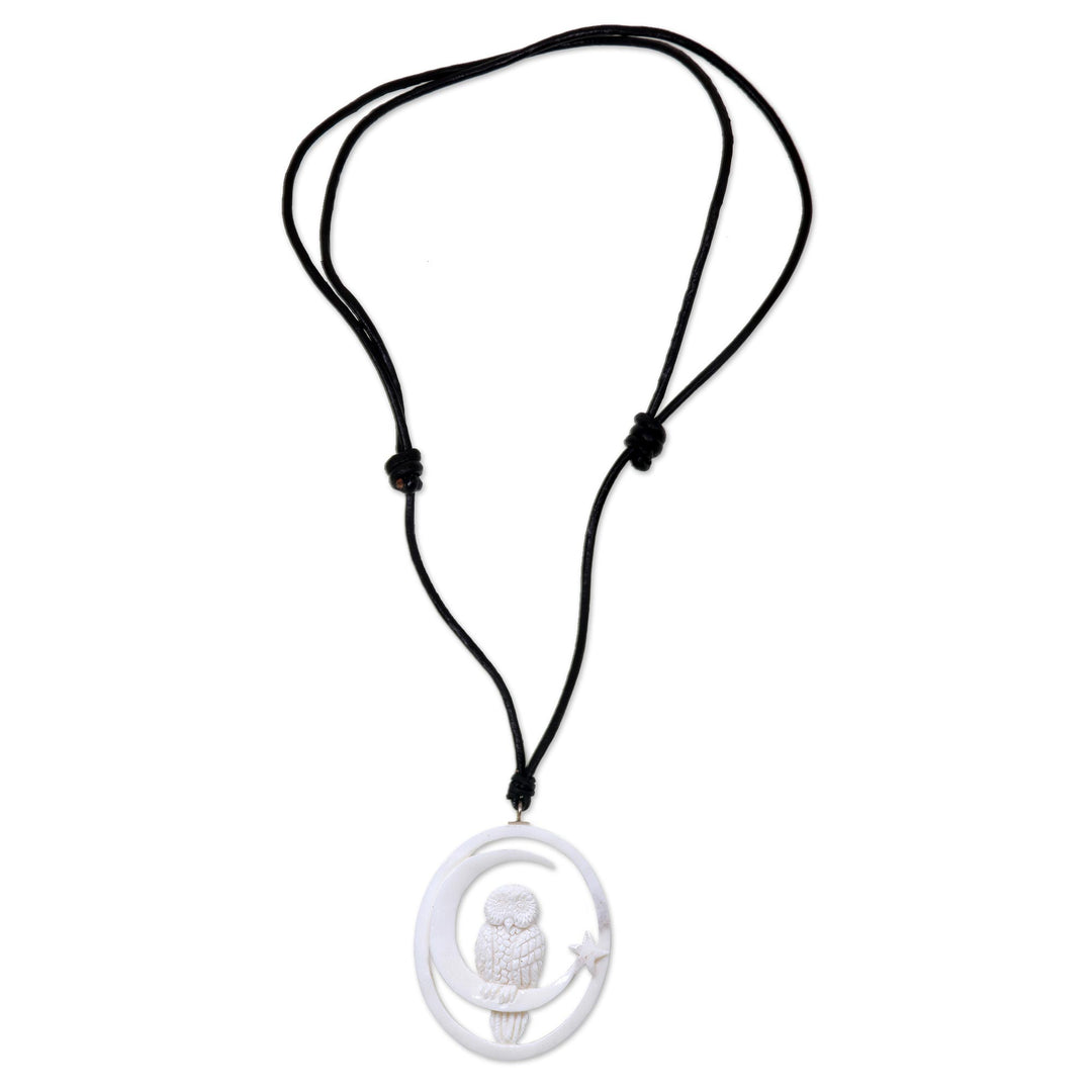 Owl and Moon Bone Pendant Necklace Handmade in Bali - Magic Night
