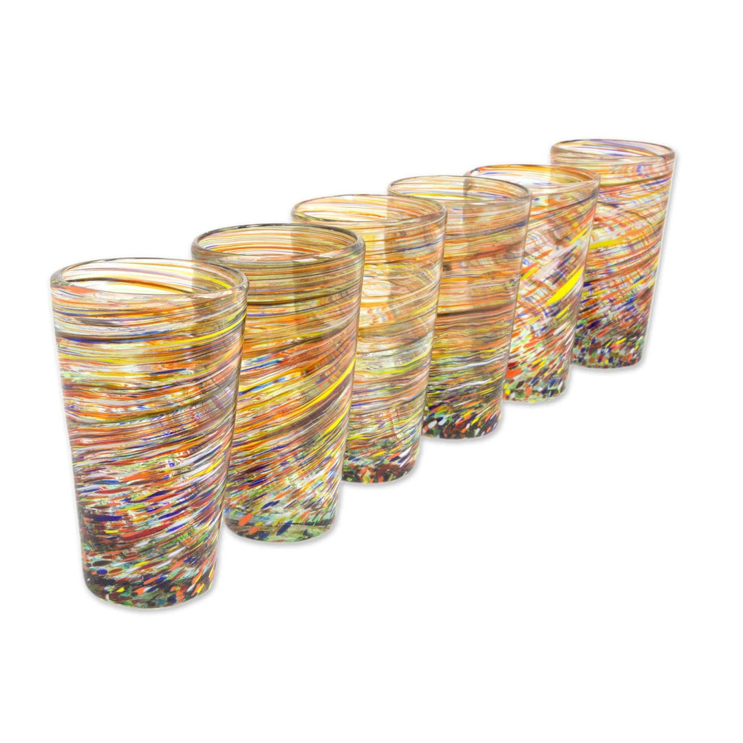 Hand Blown Mexican Multicolor 13 oz Highball Glasses (6) - Rainbow Centrifuge