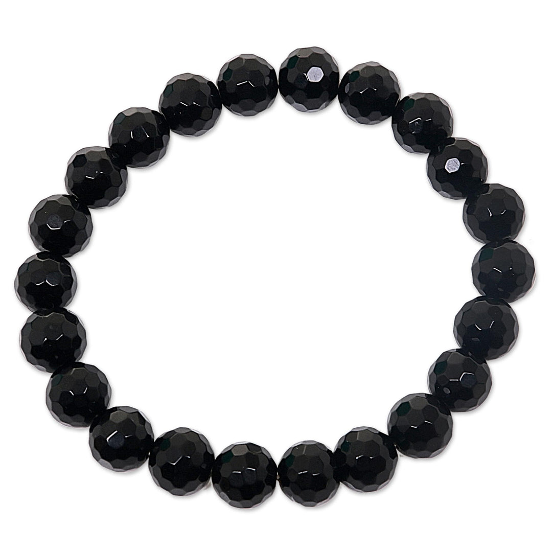 Stretch Bracelet from Bali with Faceted Round Onyx Beads - Black Lava