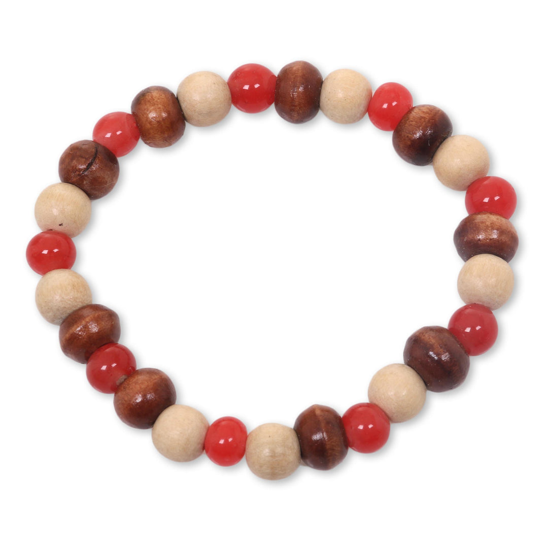 Beaded Stretch Bracelet with Ceramic and Wood Beads - Red Connection