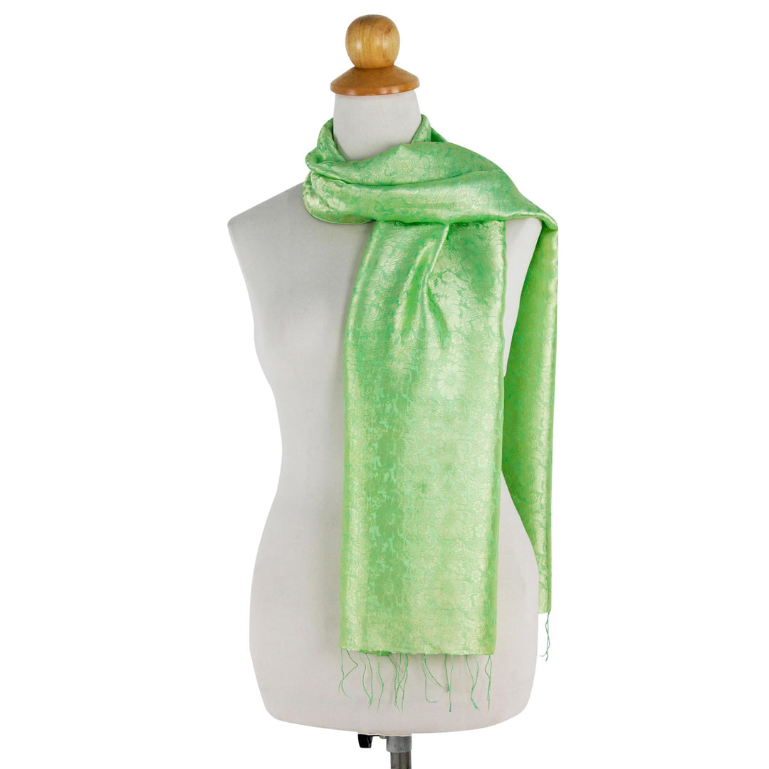 Spring Green Rayon and Silk Blend Floral Jacquard Shawl - Green Bouquet