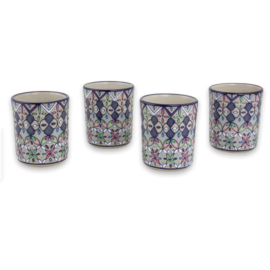 Four Handcrafted Mexican Ceramic 8-Ounce Drinking Glasses - Valenciana Violets