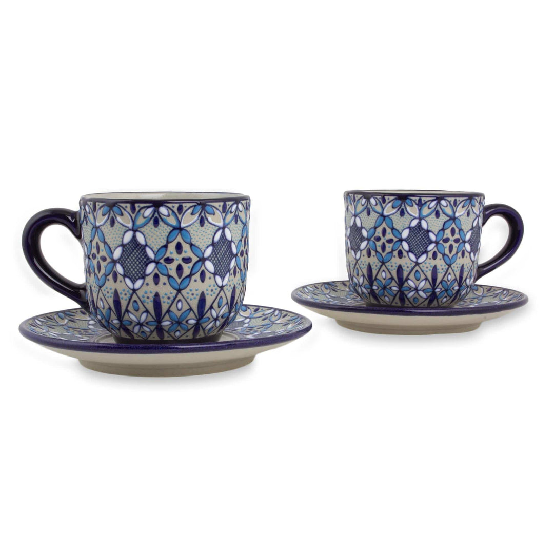 Mexican Blue Ceramic Cups and Saucers (Set for 2) - Blue Bajio