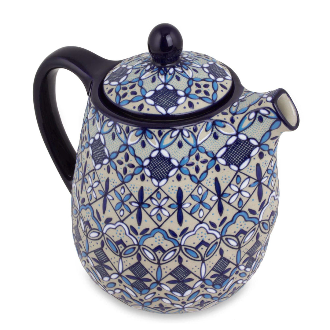 Handcrafted Ceramic Floral Coffee Pot in Blues on Beige - Blue Bajio