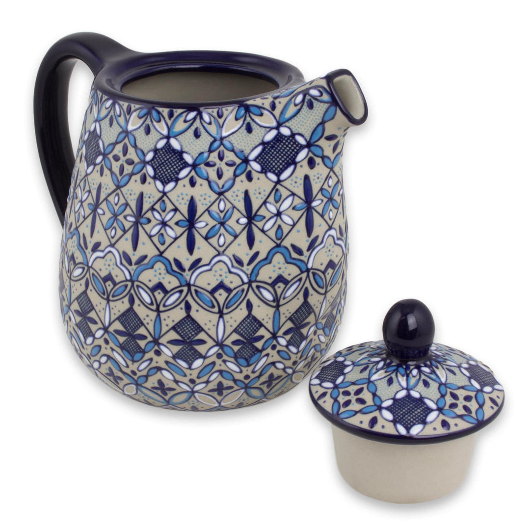 Handcrafted Ceramic Floral Coffee Pot in Blues on Beige - Blue Bajio