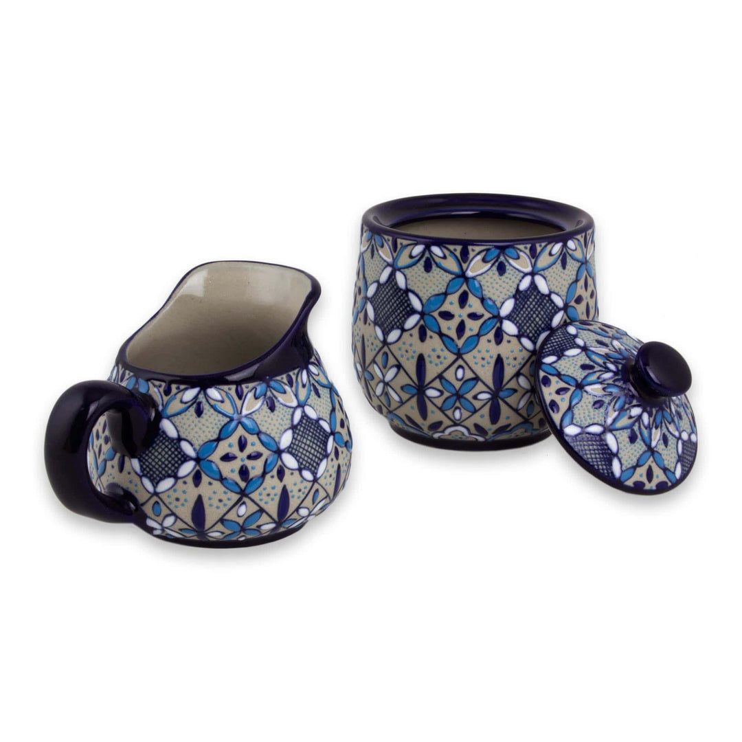 Blue Floral Ceramic Sugar Bowl and Creamer Set - Blue Bajio