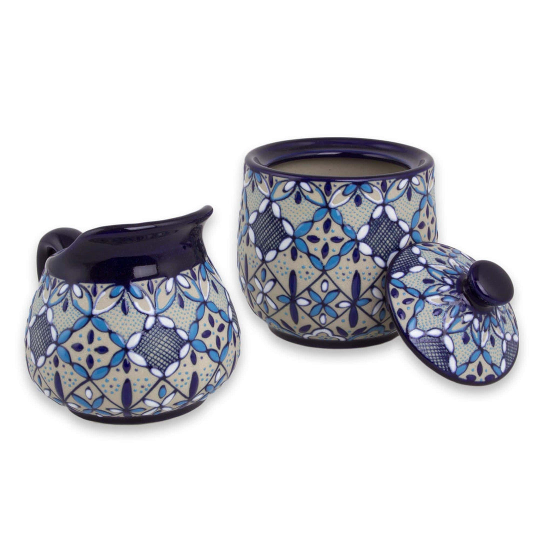 Blue Floral Ceramic Sugar Bowl and Creamer Set - Blue Bajio